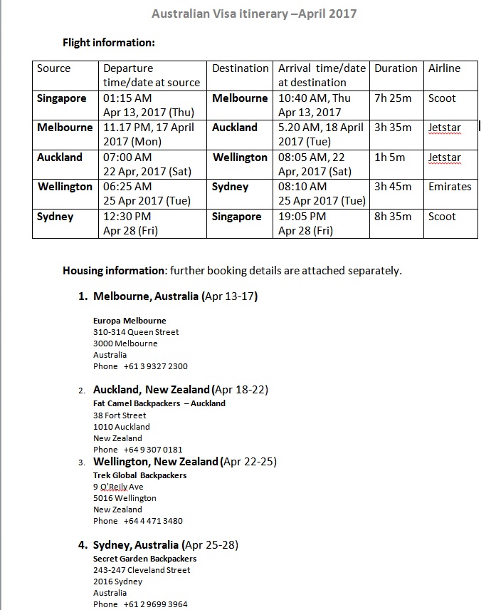 My proposed itinerary for the Australian visa application in Singapore (April 2017). Click (and click) on the image to view it in a different window/size.