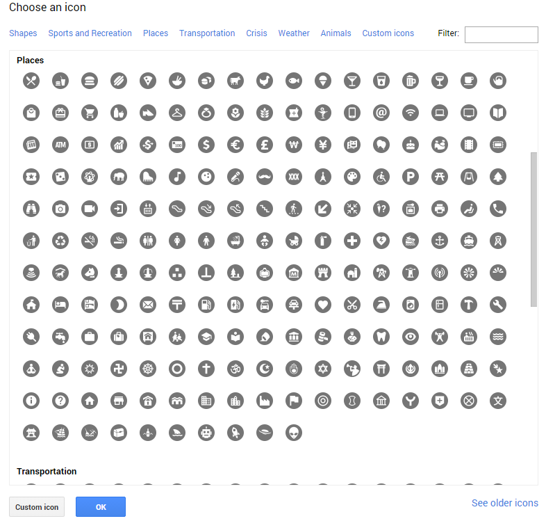 Google My Maps icon list of various types of places. Google provides a comprehensive list of icons to mark a place in the custom travel map.