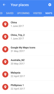 List of all travel maps created can be easily displayed using the Google Maps phone App. The list also includes the corresponding dates for the last map update. 