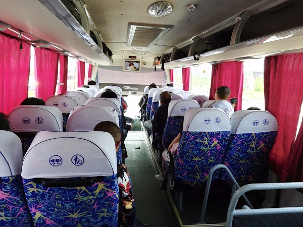 Inside Taizhou to Suzhou bus (2*2 comfortable seating arrangement).