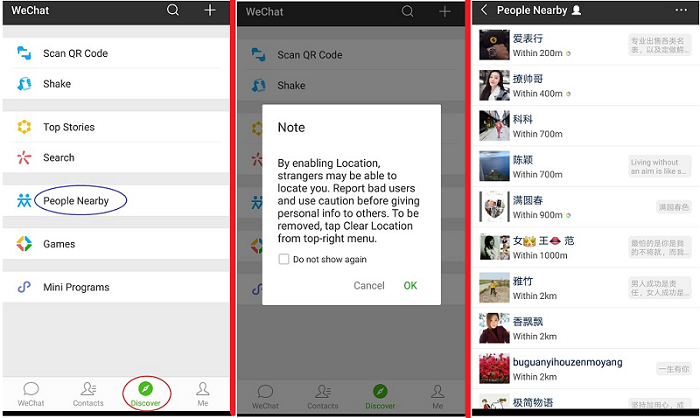 Steps to enable WeChat nearby dating on the mobile App. 