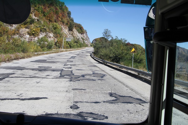 A North Korean road -- photo from a moving bus.