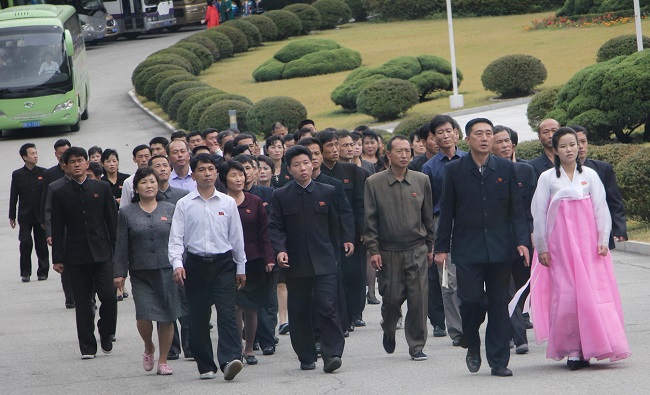A North Korean tourist group arriving at the International Friendship Exhibition Hall at Myohyangsan, North Pyongan Province, North Korea.