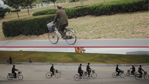 Bicycles are popular in North Korea - the locals head to work in the morning, Pyongyang city.