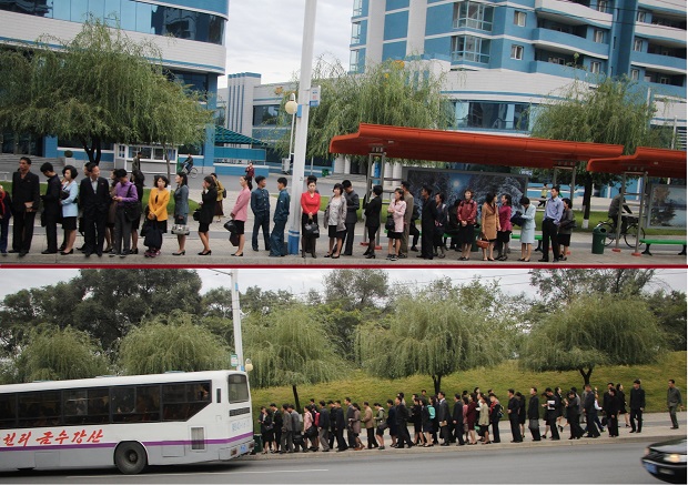 The locals waiting for the bus to go to work at Pyongyang’s ultra-crowded North Korean bus stops. 
