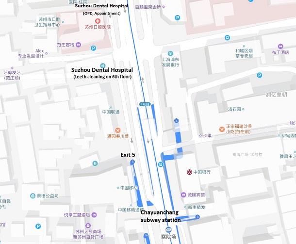 A map of Suzhou Dental Hospital and Chayuanchang subway station (Suzhou city).