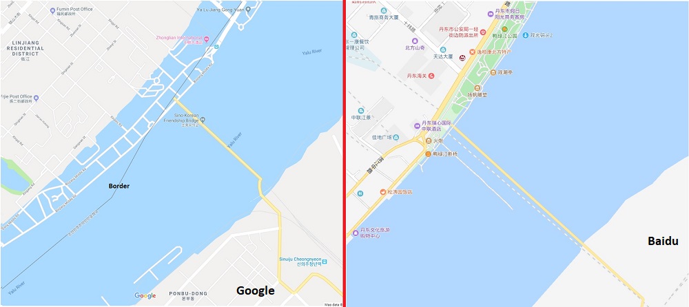 The Yalu River bridges on Baidu and Google Maps. 