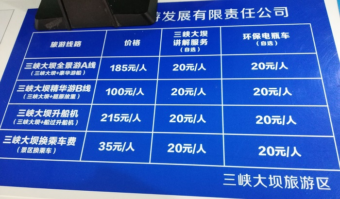 Three Gorges Dam ticket pricing (bus and ferry).