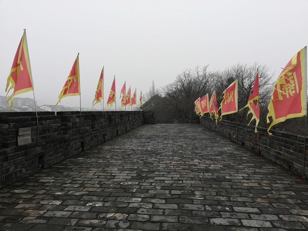 Flags on the Jingzhou city wall near Guan Yuzhen temple. 